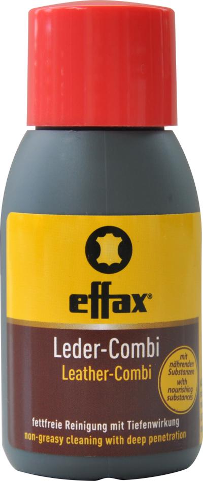 Kleine graue Flasche Lederreiniger von Effax mit gelb roten Etikett und rotem Deckel