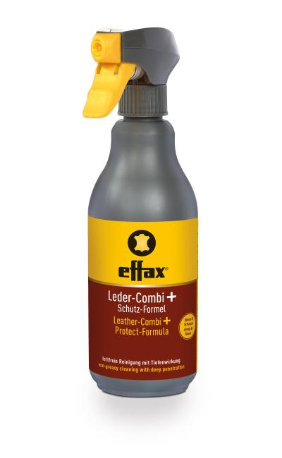 graue Flasche Lederreiniger von Effax mit gelb roten Etikett und gelben Sprühkopf