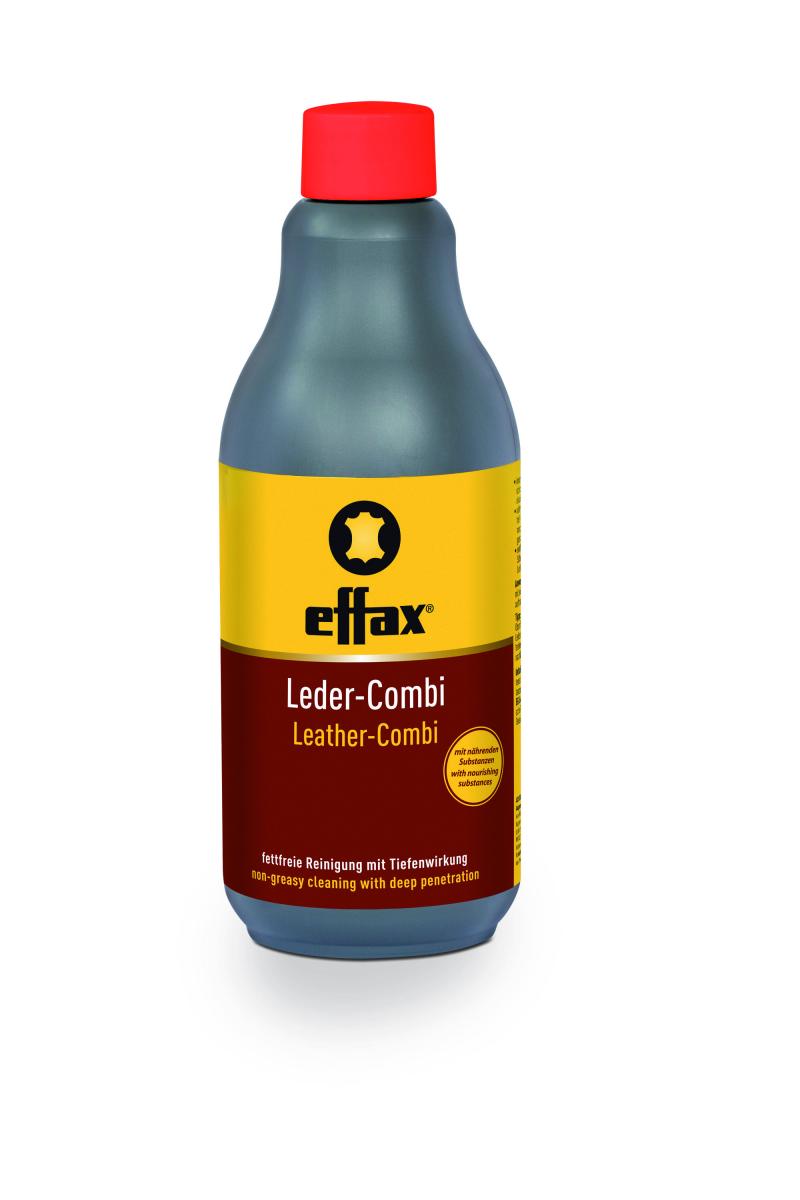 graue Flasche Lederreiniger von Effax mit gelb roten Etikett und rotem Deckel